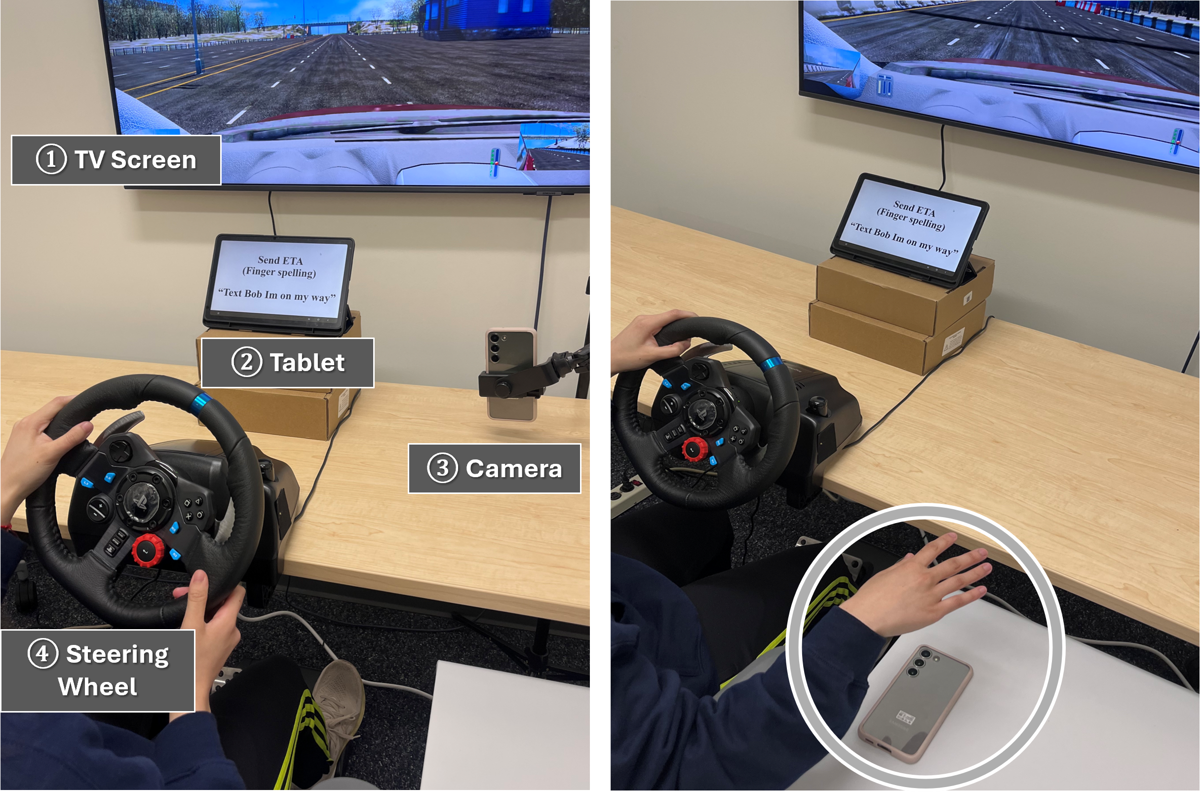One handed signing while driving setup